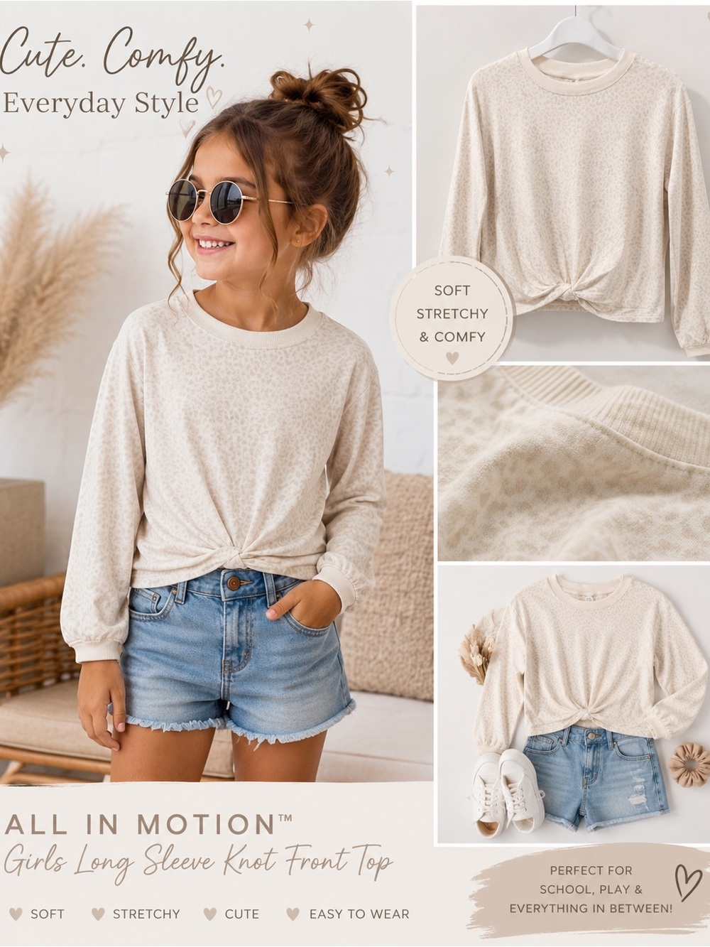 all in motion Girls Cream Knot-Front Long Sleeve Top